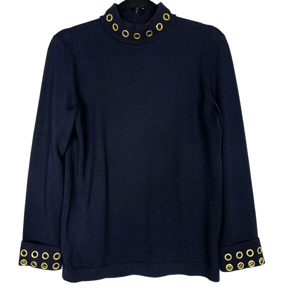Tory Burch Navy Blue Small S Grommet Turtleneck Sweater Merino Wool Thick Knit - Picture 1 of 9
